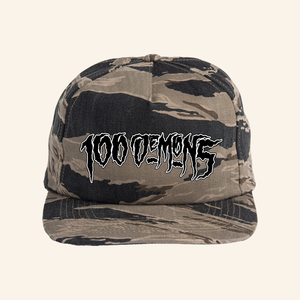 Closed Casket Activities Merch 100 Demons Logo Camo Hat Gifts Ideas For Music Lovers Closed Casket Activities Merch 100 Demons Logo Camo Hat Gifts Ideas For Music Lovers