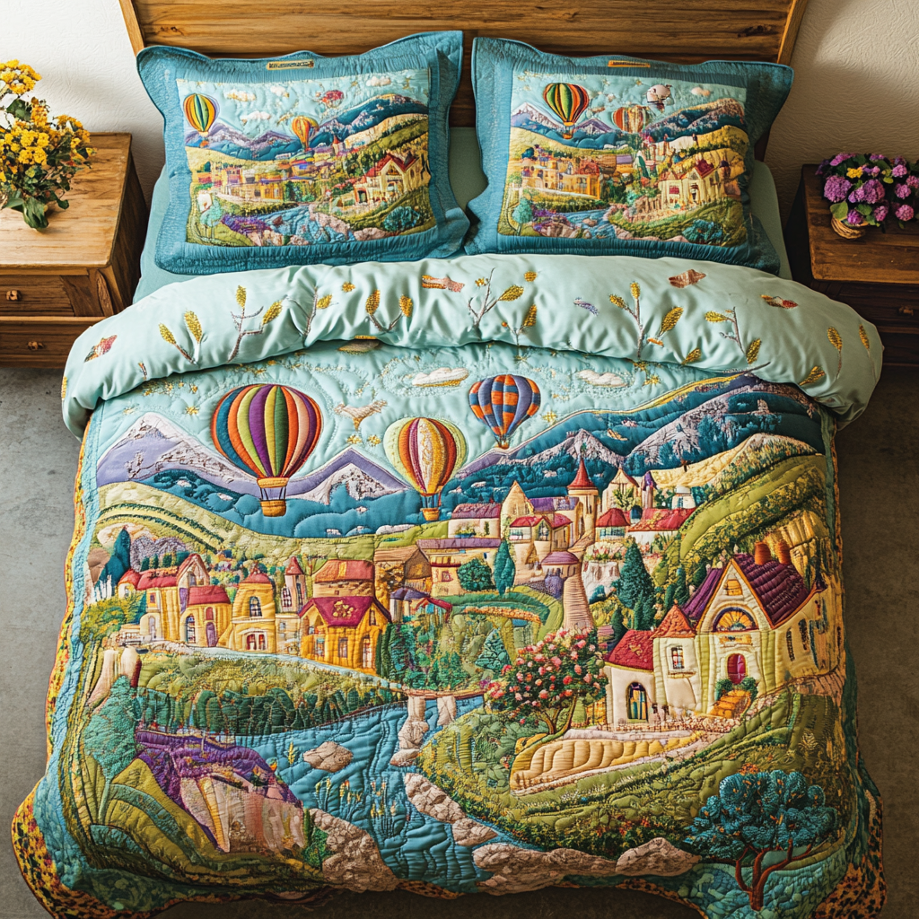 Cloud Journey Quilted Bedding Set Best Comforter Sets Sky Air Balloon Merchandise 