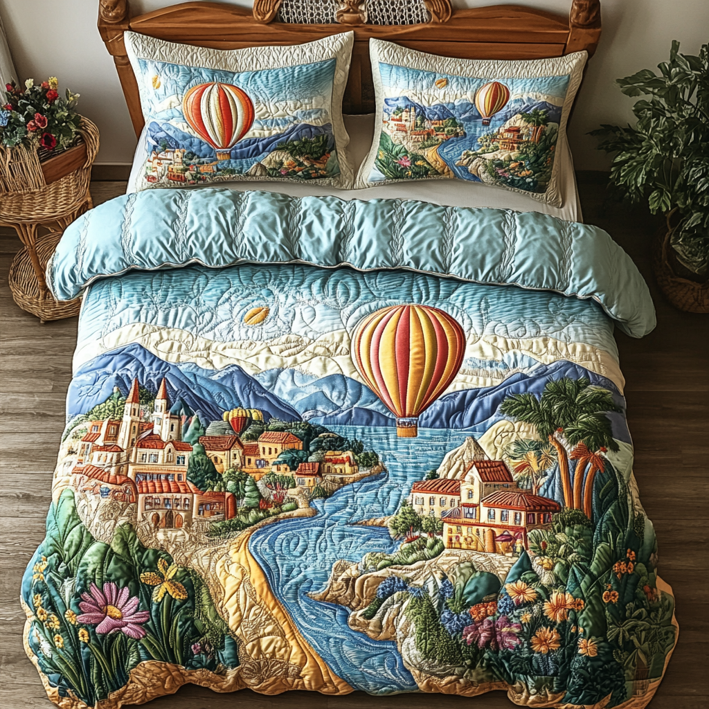 Cloud Trail Quilted Bedding Set Bedroom Decor Sky Air Balloon Merchandise 