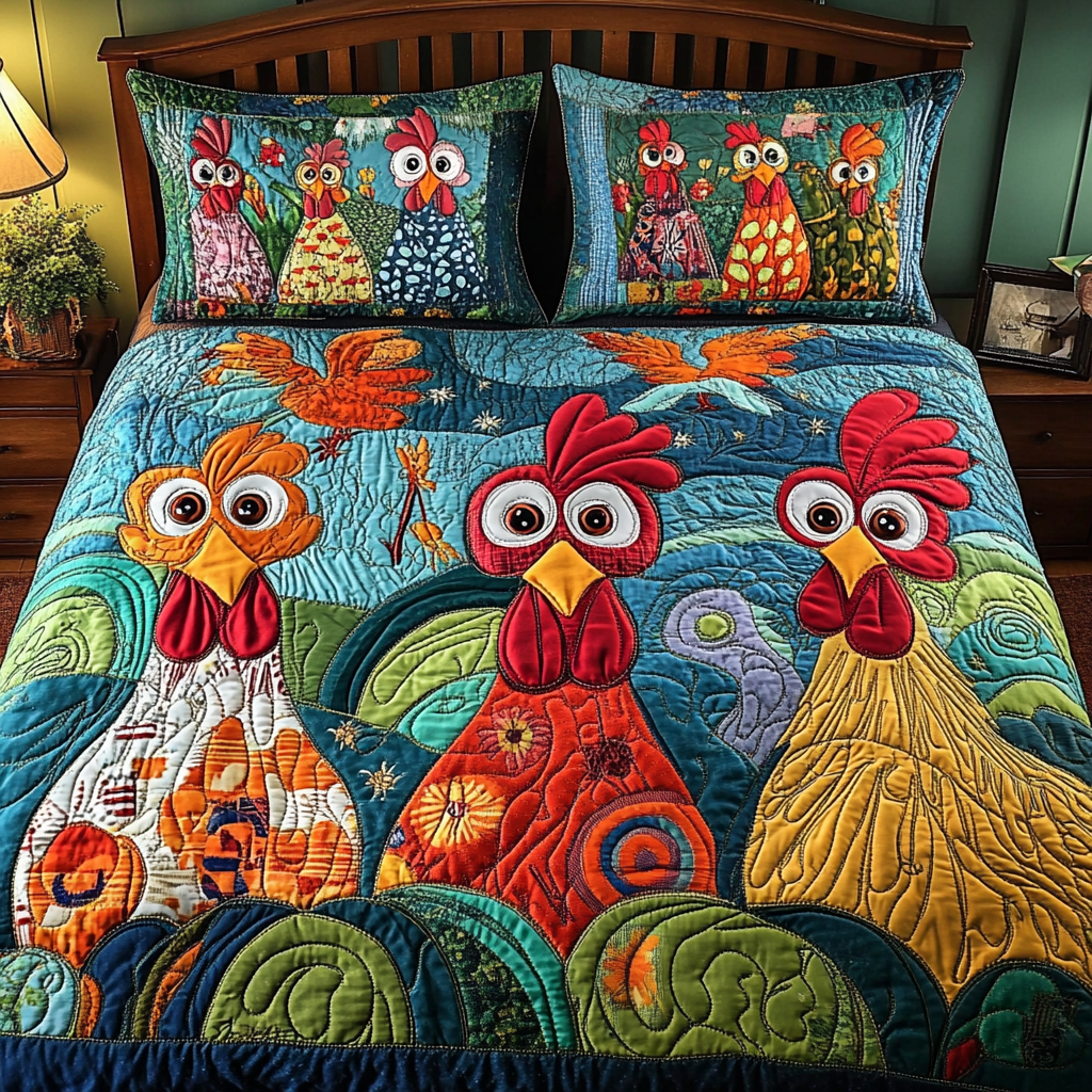 Cluck Charm Quilted Bedding Set Cool Bedroom Decor Chicken Themed Gifts