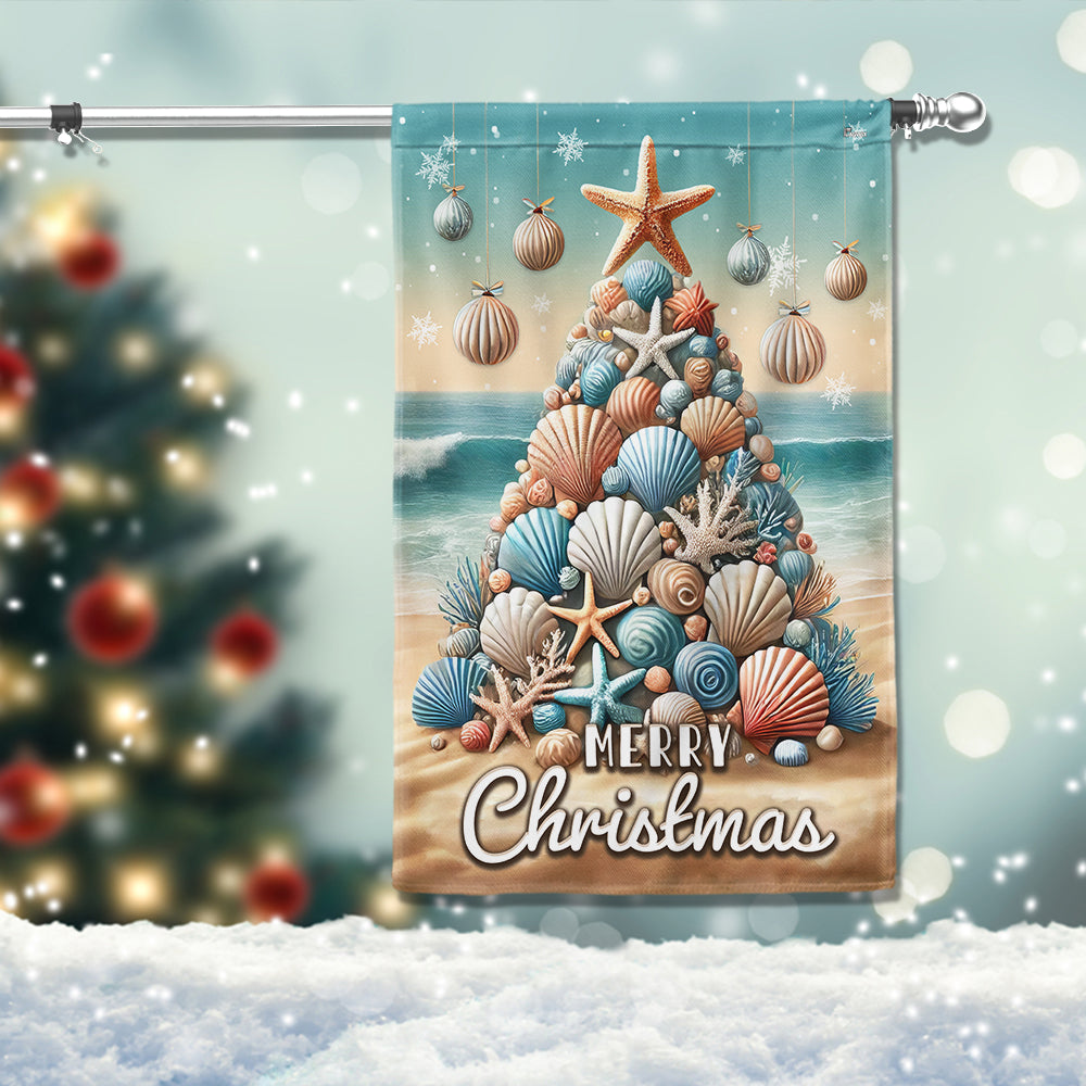 Coastal Beach Winter Merry Christmas Flag