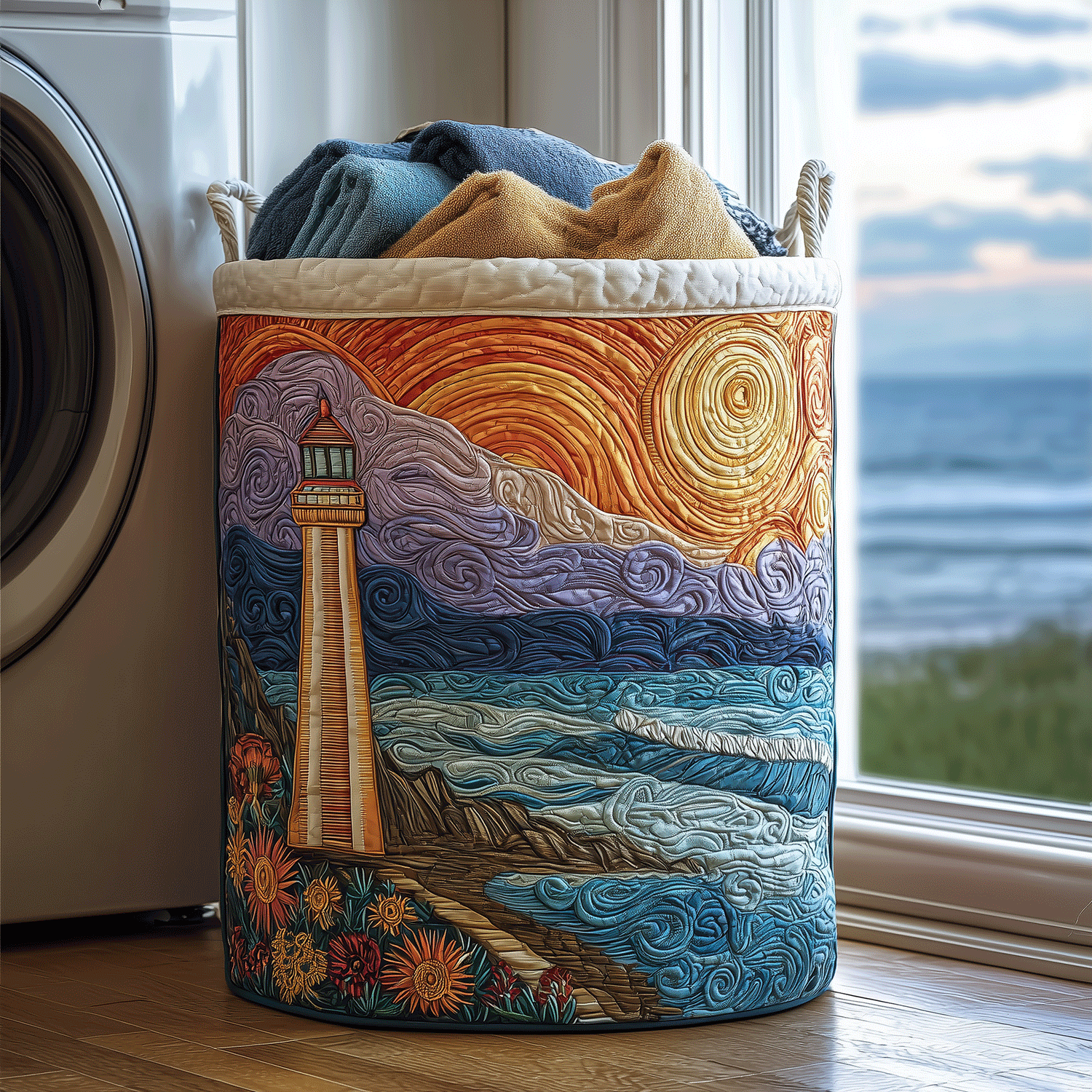 Coastal Beacon Quilted Laundry Basket Birthday Merch Gift