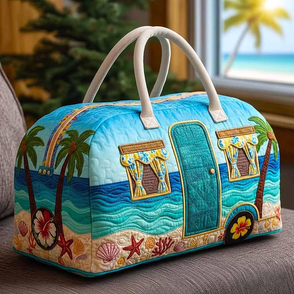 Coastal Camper Quilted Duffle Bag Tropical Beach Palm Tree Hibiscus Vacation Travel Bag