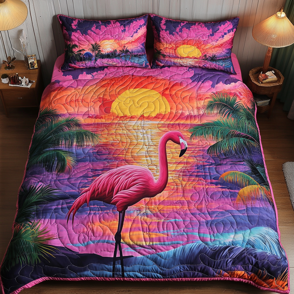 Coastal Charm Quilted Bedding Set Bed Decorations Flamingo Gifts For Mom Grandma