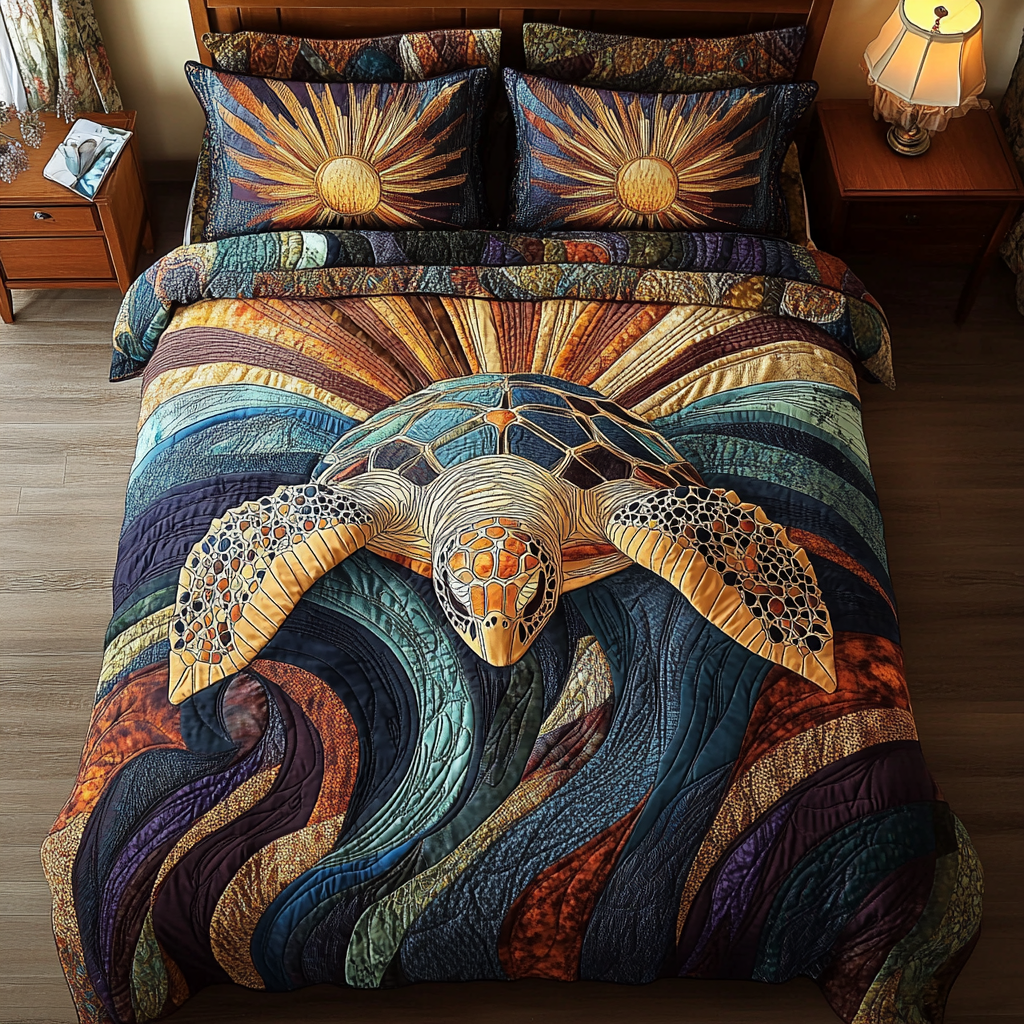 Coastal Drift Quilted Bedding Set Bed Decor Unique Sea Turtle Gifts