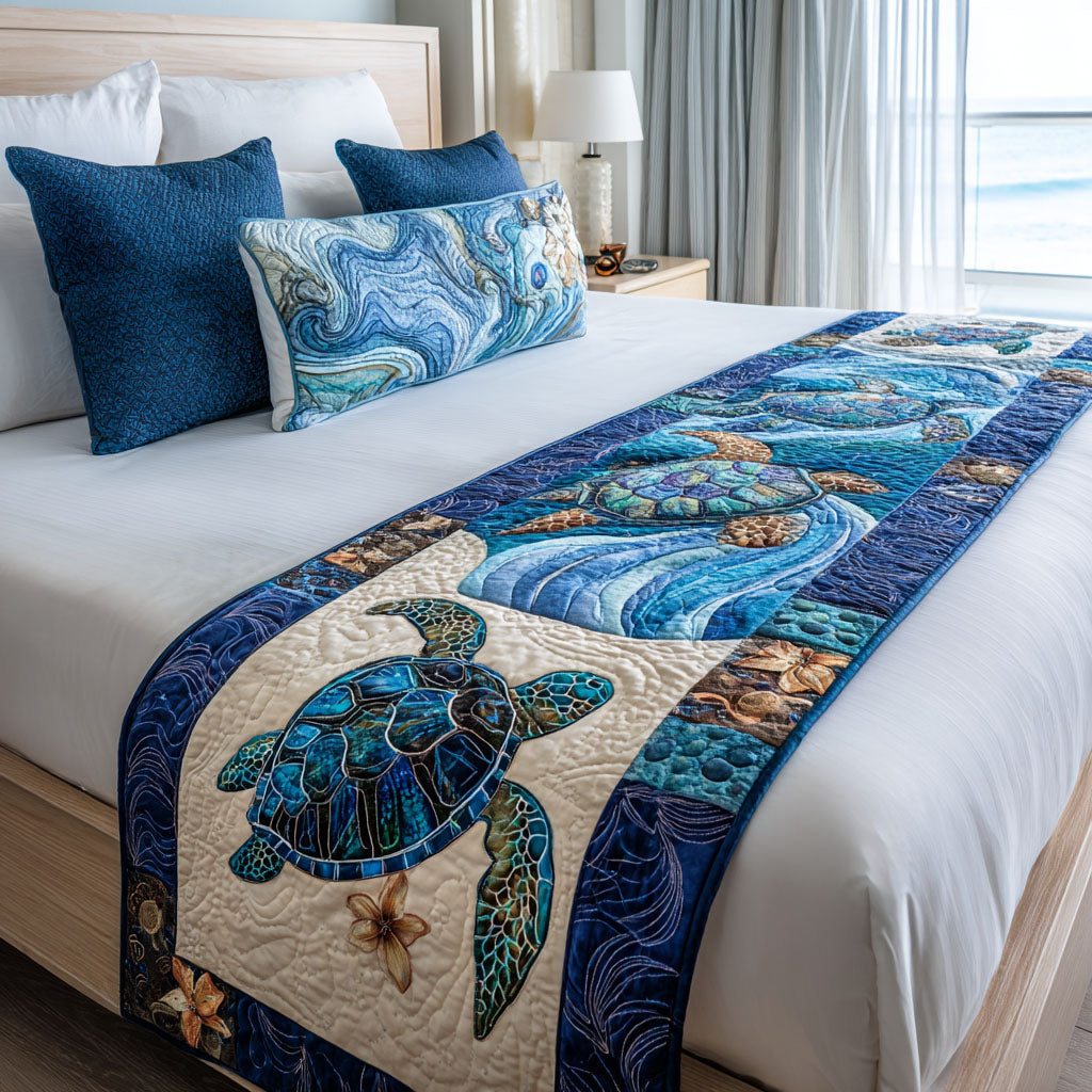 Coastal Glide Quilted Bed Runner Bed Decor Sea Turtle Gift Ideas For Her