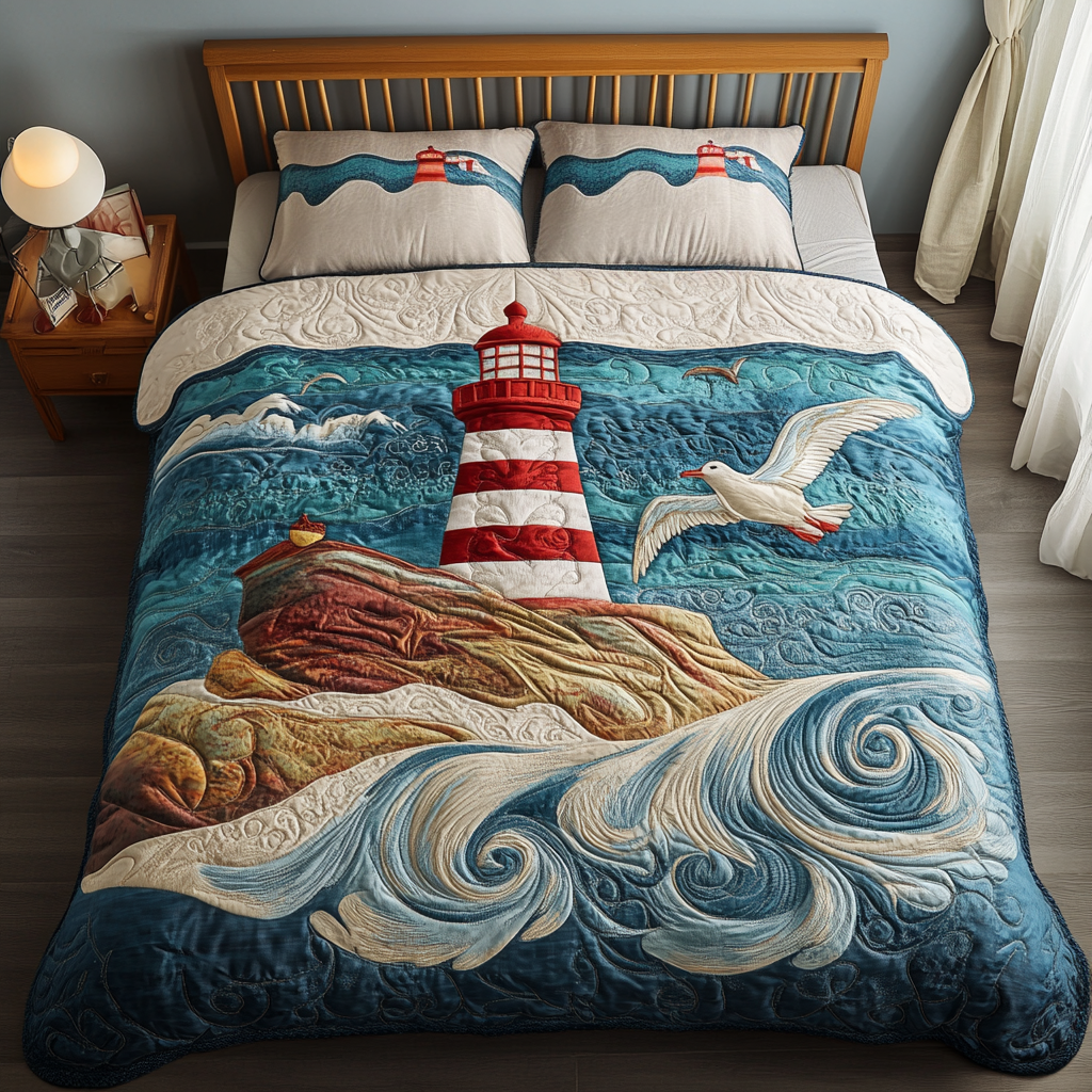 Coastal Glow Quilted Bedding Set Holiday Duvet Covers Lighthouse Gift Shop