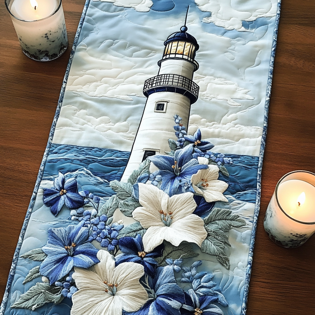 Coastal Glow Quilted Table Runner Dining Decor Ocean Lighthouse Gift Ideas