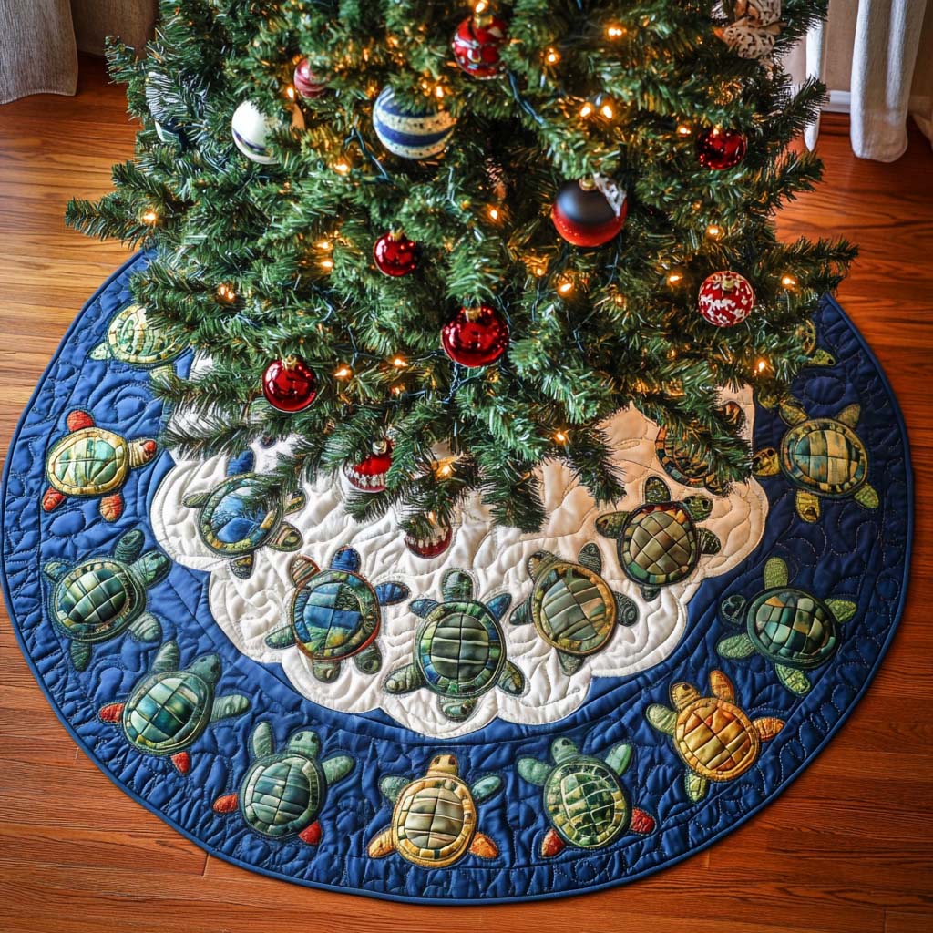 Coastal Harmony Christmas Quilted Tree Skirt Xmas Under-Tree Decoration
