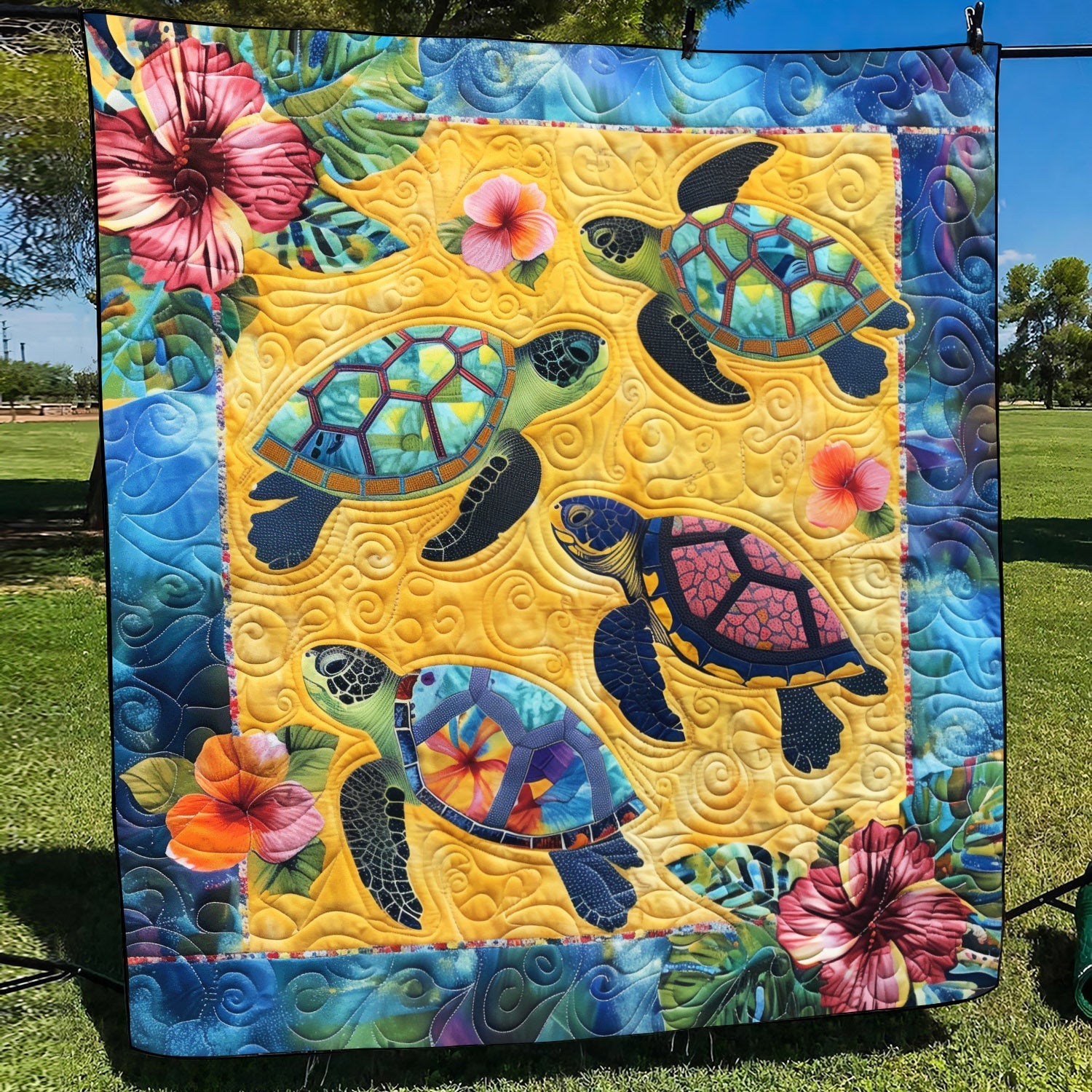 Coastal Harmony Quilted Blanket Unique Gifts For Turtle Lovers