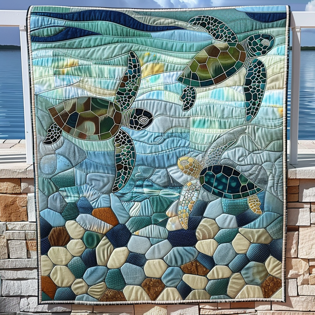 Coastal Harmony Quilted Blanket Unique Gifts For Turtle Lovers