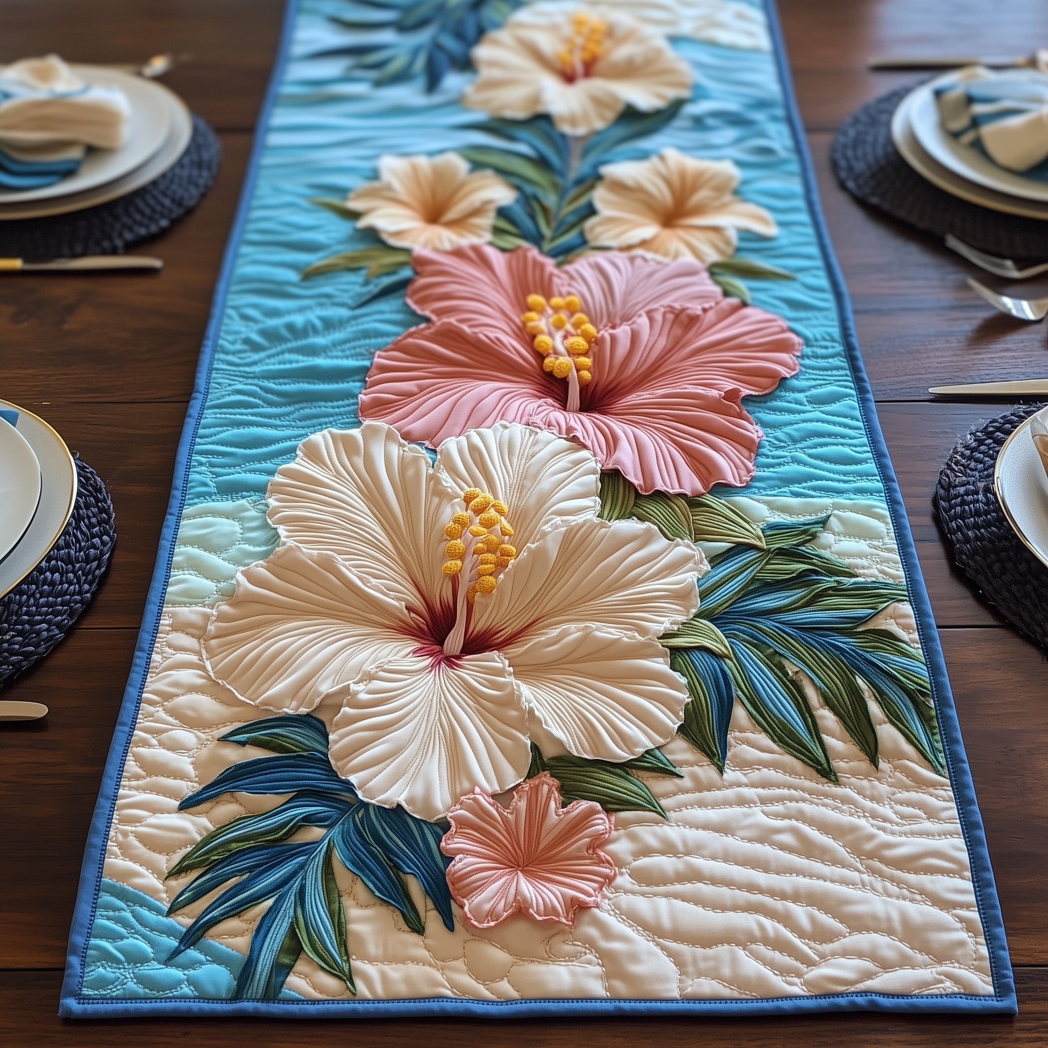 Coastal Hibiscus Paradise Quilted Table Runner Christmas Dining Table Runner