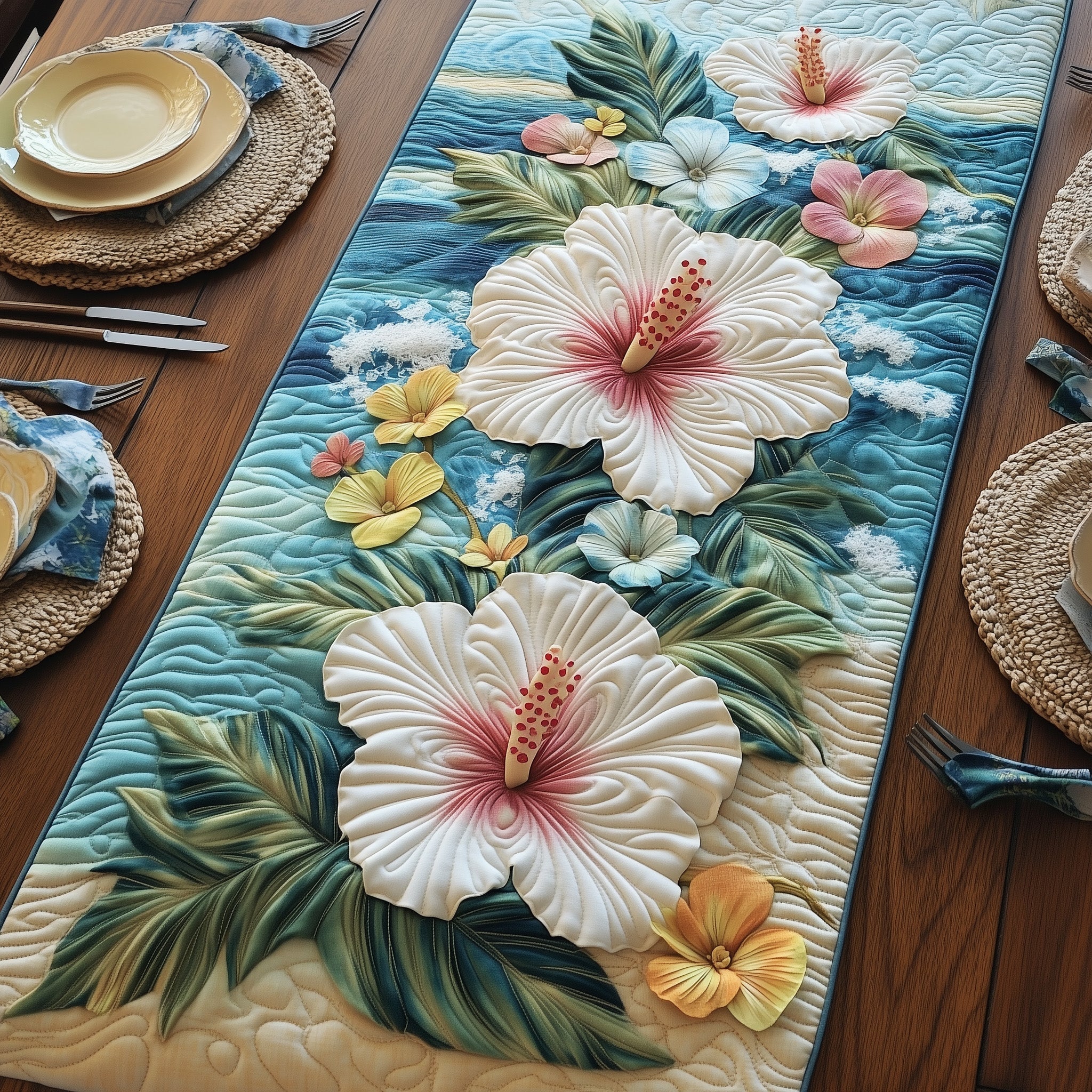 Coastal Hibiscus Paradise Quilted Table Runner Christmas Table Runner for Dining Room