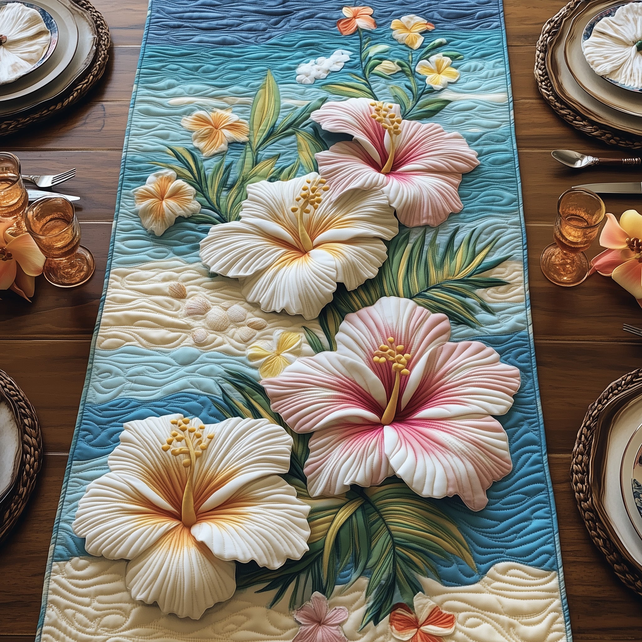 Coastal Hibiscus Paradise Quilted Table Runner Elegant Christmas Table Runner
