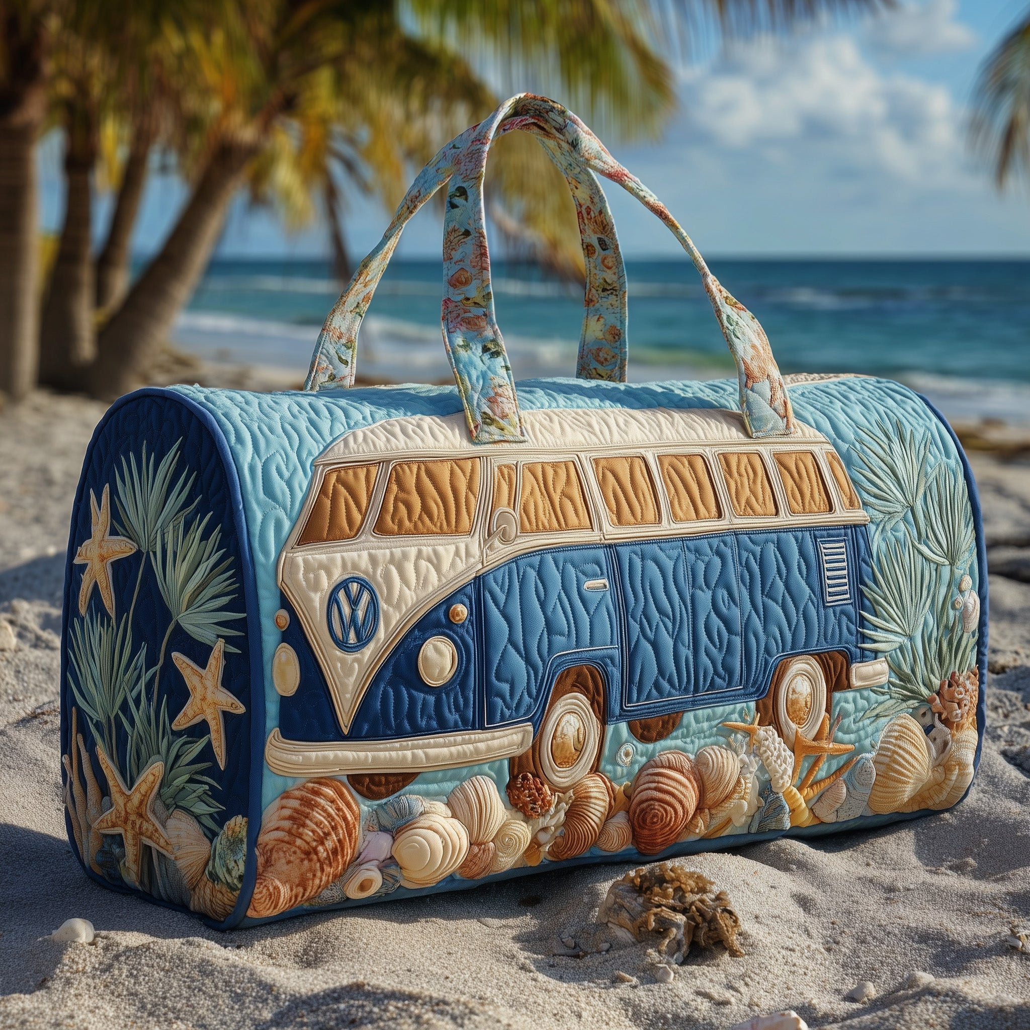 Coastal Hippie Van Quilted Duffle Bag Navy Blue Palm Tree Shell Beach Travel Bag
