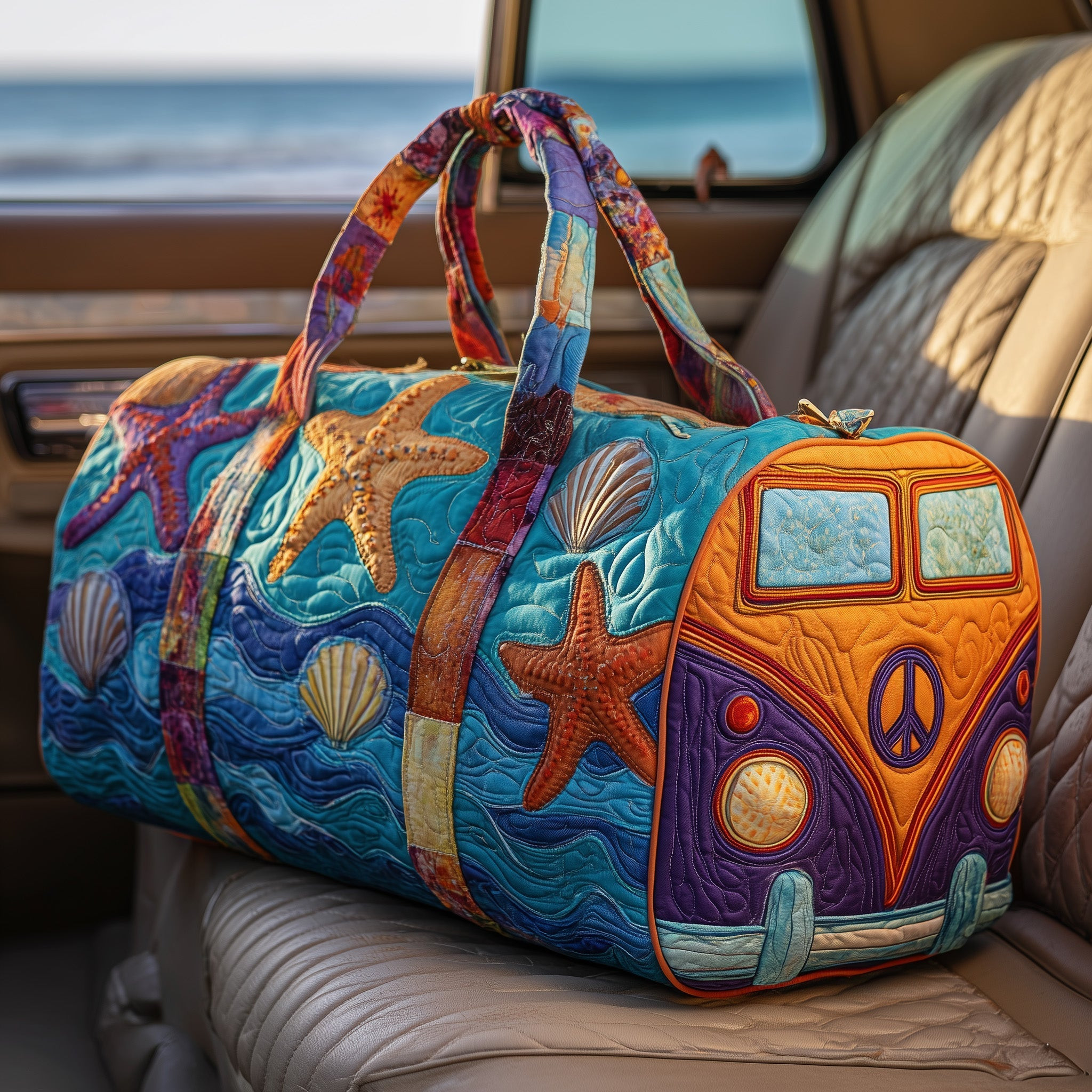 Coastal Hippie Van Quilted Duffle Bag Teal Starfish Seashell Beach Lover Travel Bag