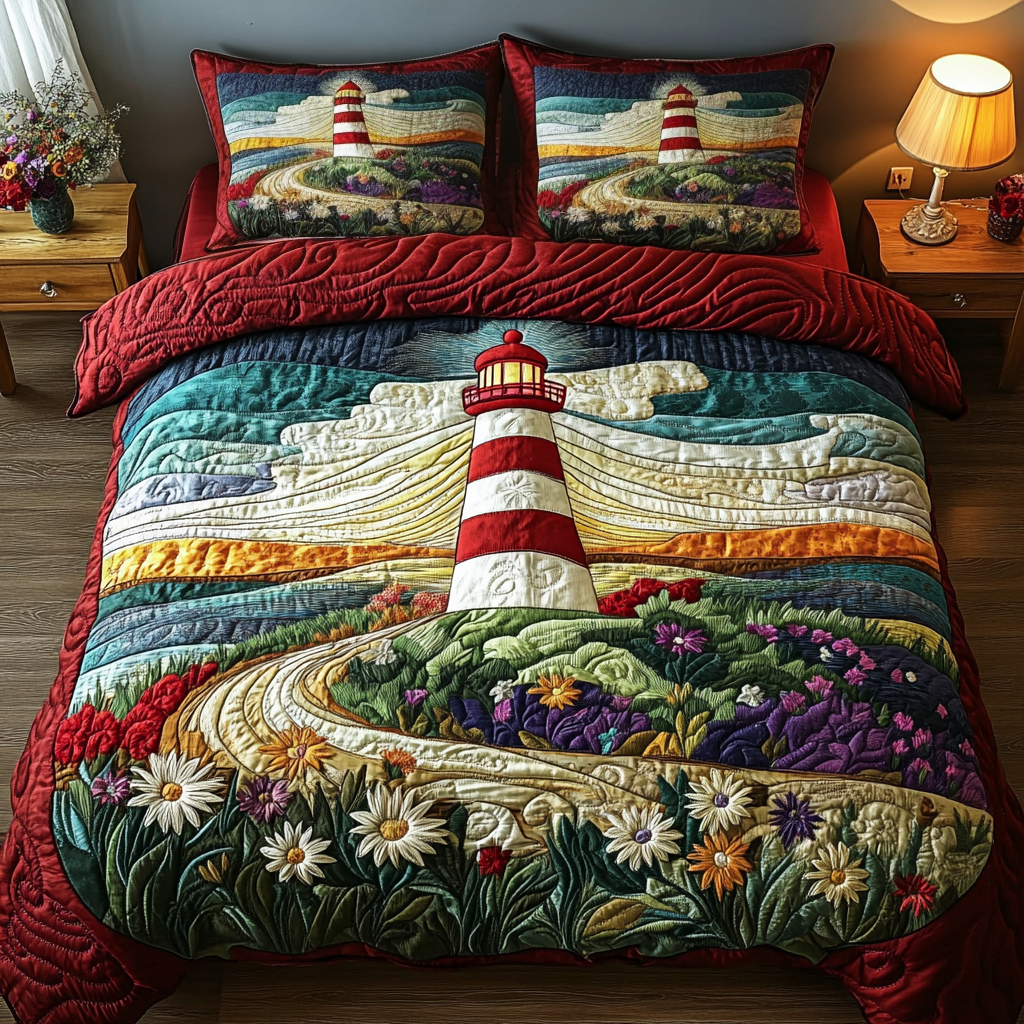 Coastal Illumination Quilted Bedding Set Bed Decorations Lighthouse Gifts For Men