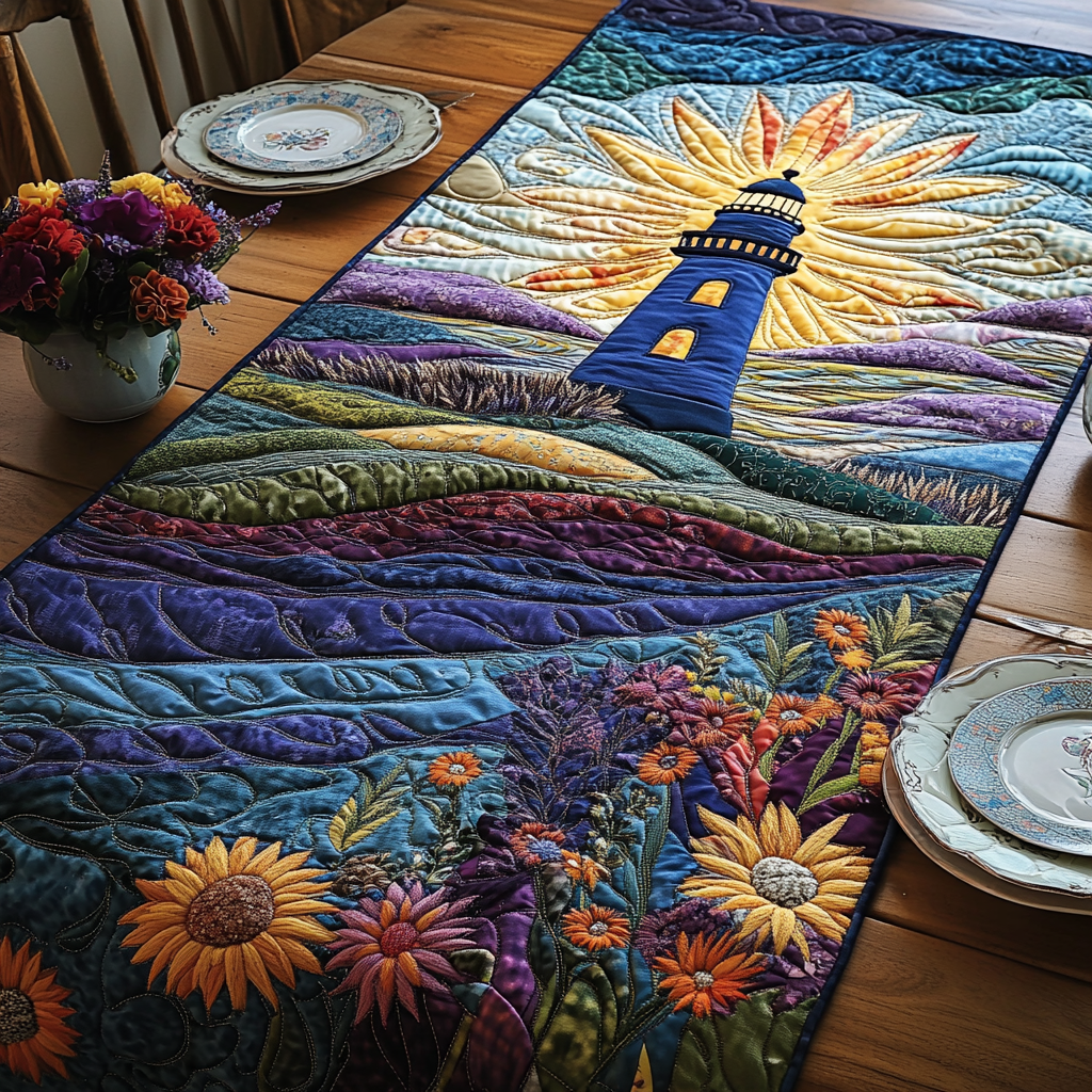Coastal Light Quilted Table Runner Ocean Table Runner Lighthouse Christmas Gifts