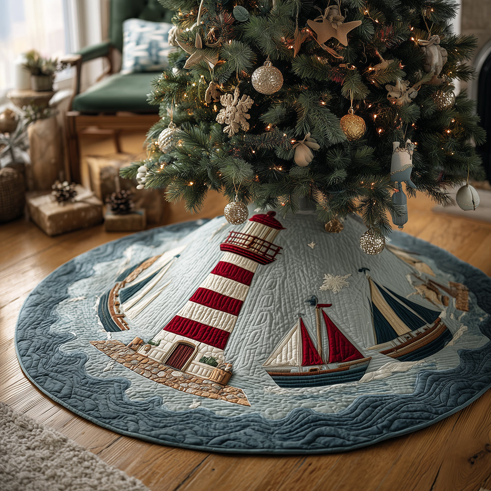 Coastal Lighthouse Christmas Quilted Tree Skirt Xmas Decorations Gifts For Lighthouse Lovers