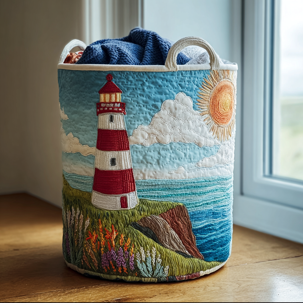 Coastal Lighthouse Quilted Laundry Basket Beautiful Quilted Laundry Hamper Gift for Any Occasion