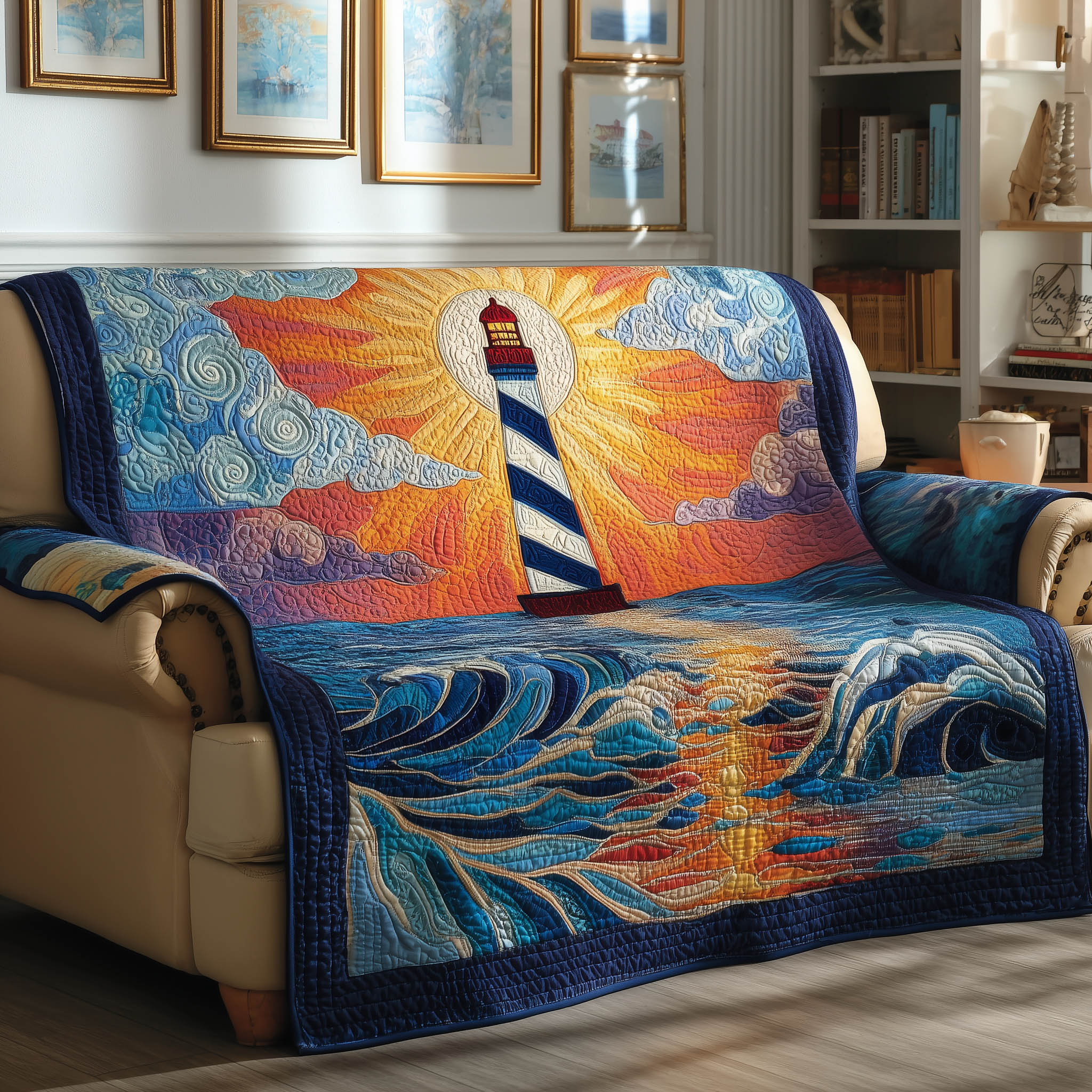 Coastal Lighthouse Quilted Sofa Cover Ocean View Design Unique Lighthouse Gifts