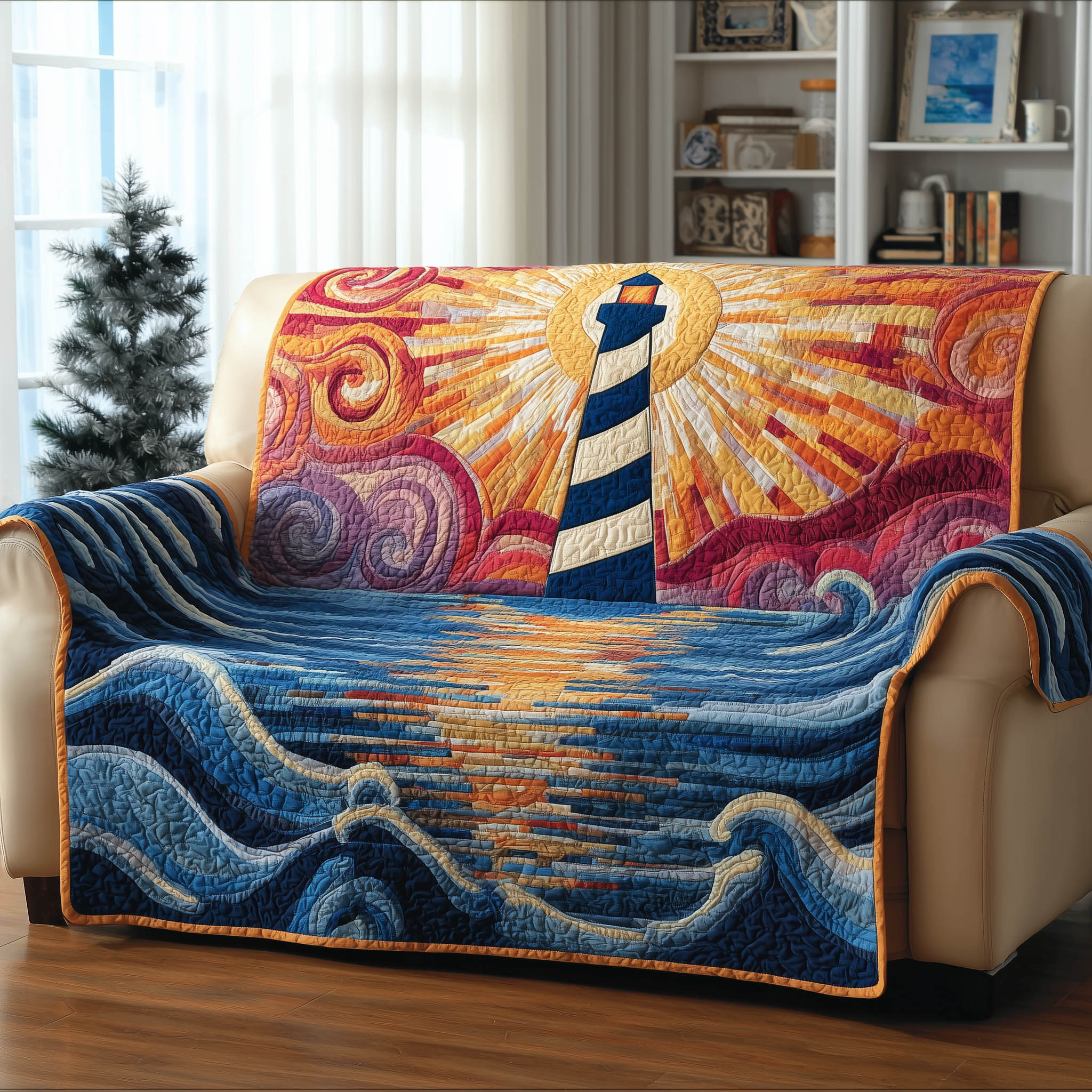Coastal Lighthouse Quilted Sofa Cover Seaside Beacon View Protector Unique Lighthouse Gifts