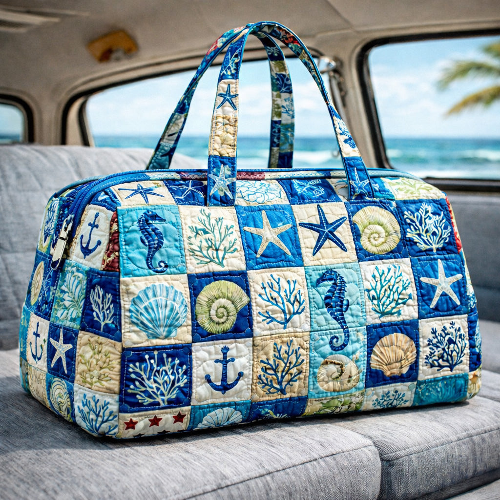 Coastal Nautical Quilted Duffle Bag Seahorse Starfish Seashell Anchor Travel Bag Gift