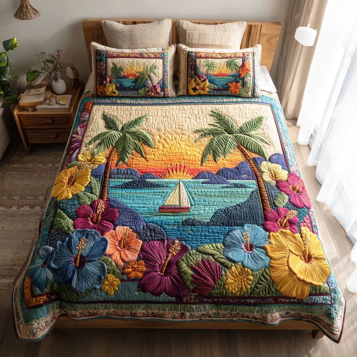 Coastal Paradise Quilted Bedding Set Beach House Bedroom Decor Home Gift For Ocean Lovers