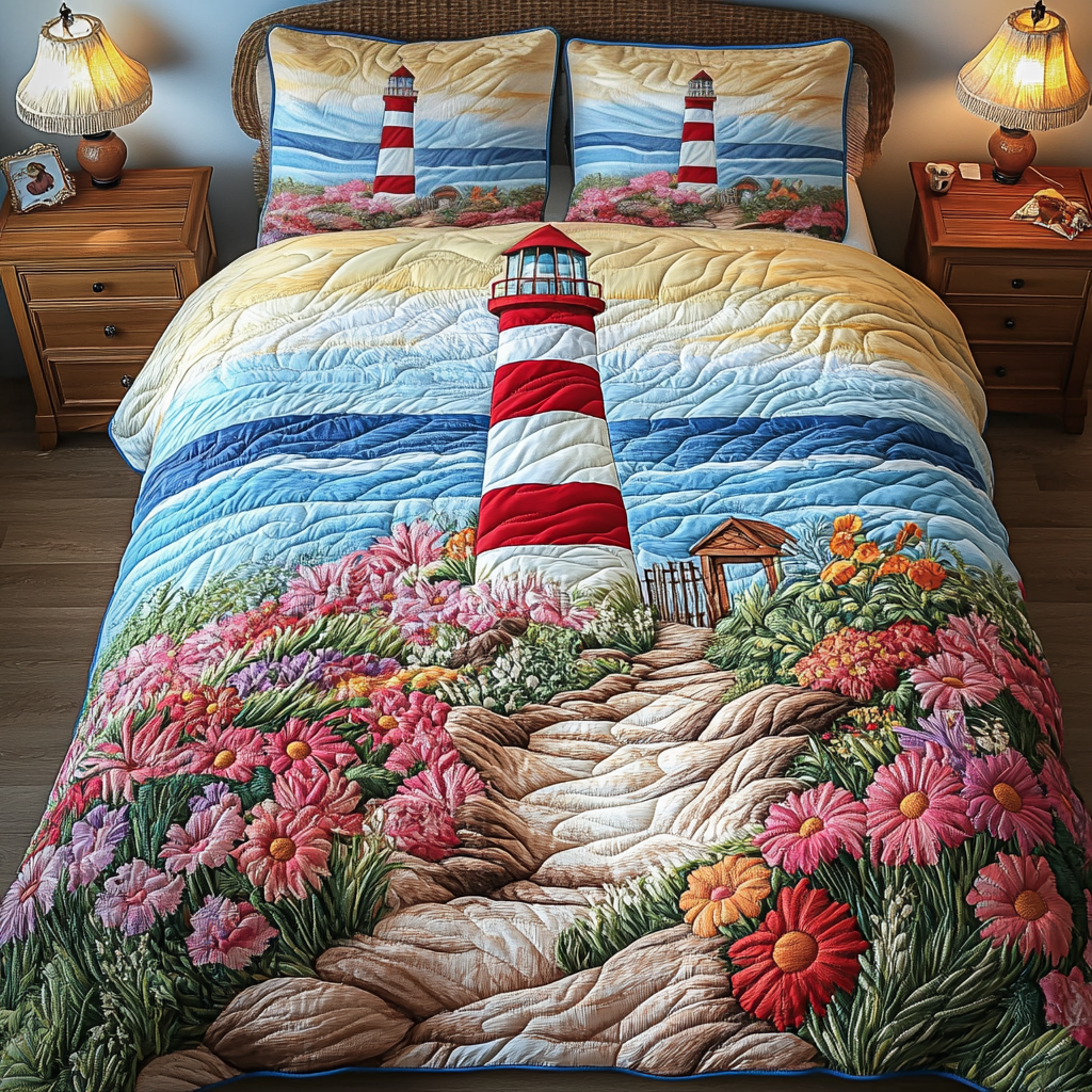 Coastal Serenity Quilted Bedding Set Holiday Duvet Covers Ocean Lighthouse Gift Ideas