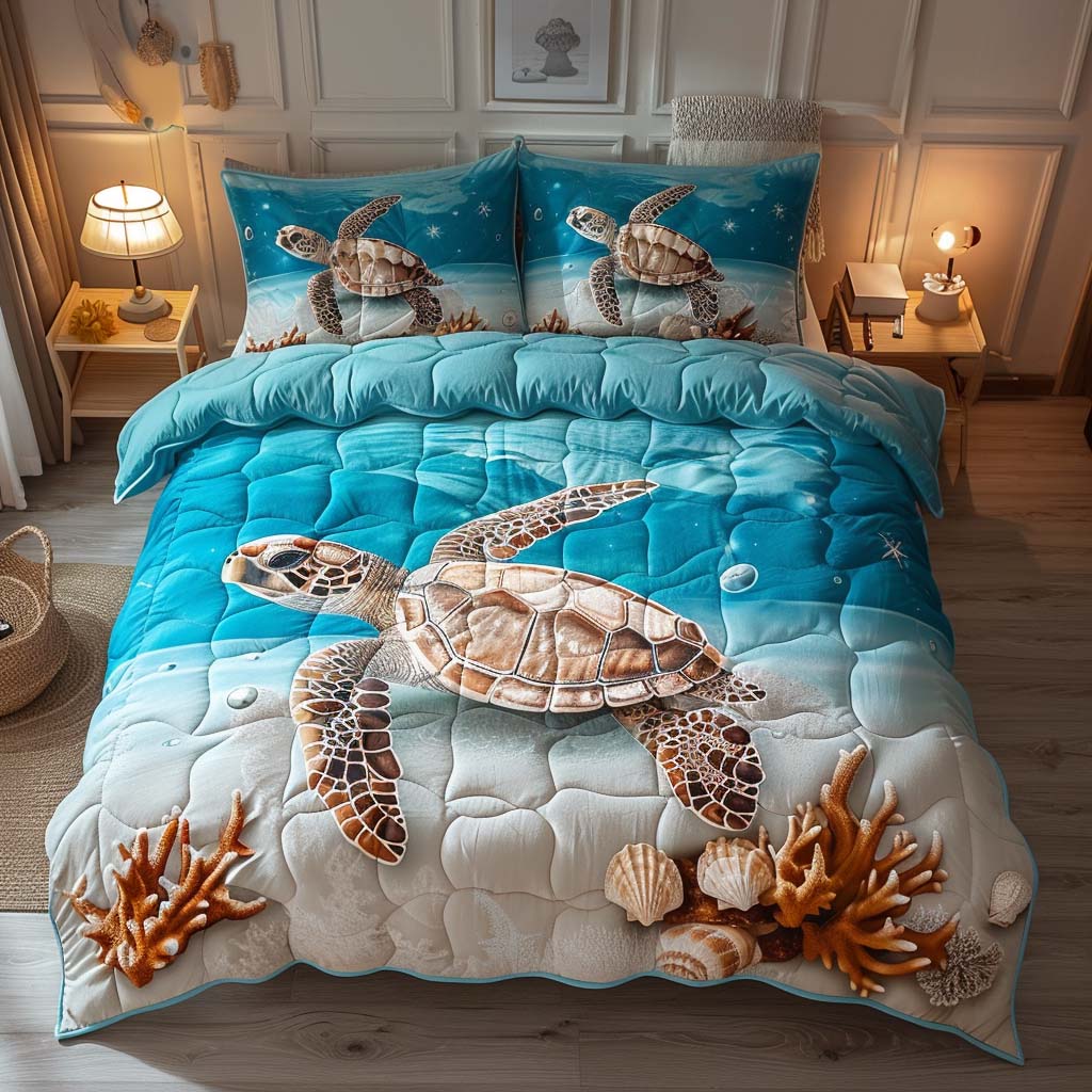 Coastal Serenity Turtle Quilted Bedding Set Full Size Bed Set Nature Lover Gift For Sister