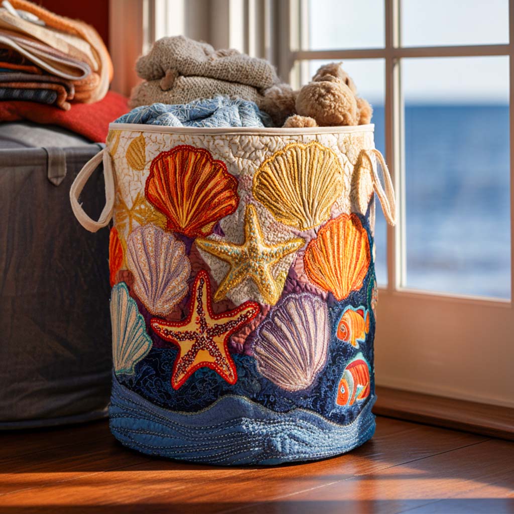 Coastal Shell Vibe Quilted Laundry Basket Christmas Merch Gift