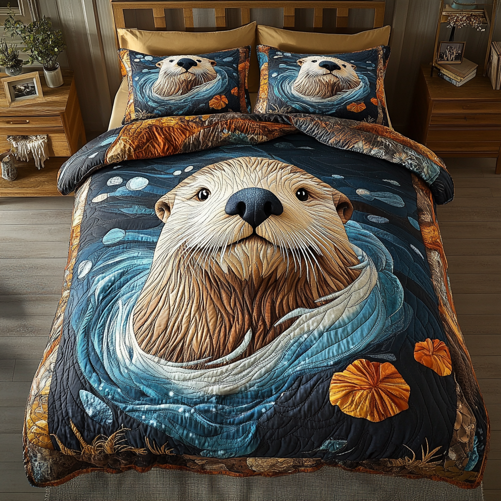 Coastal Snuggles Quilted Bedding Set Bed Decor Otter Themed Gifts