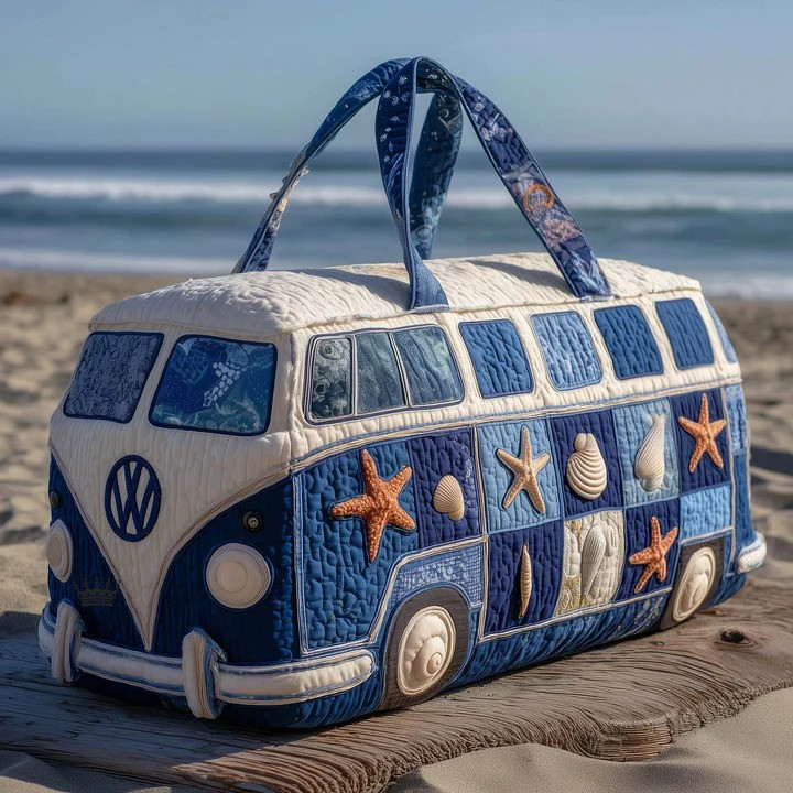 Coastal Starfish VW Bus Quilted Duffle Bag Beach Travel Bag Best Gift For Ocean Lovers