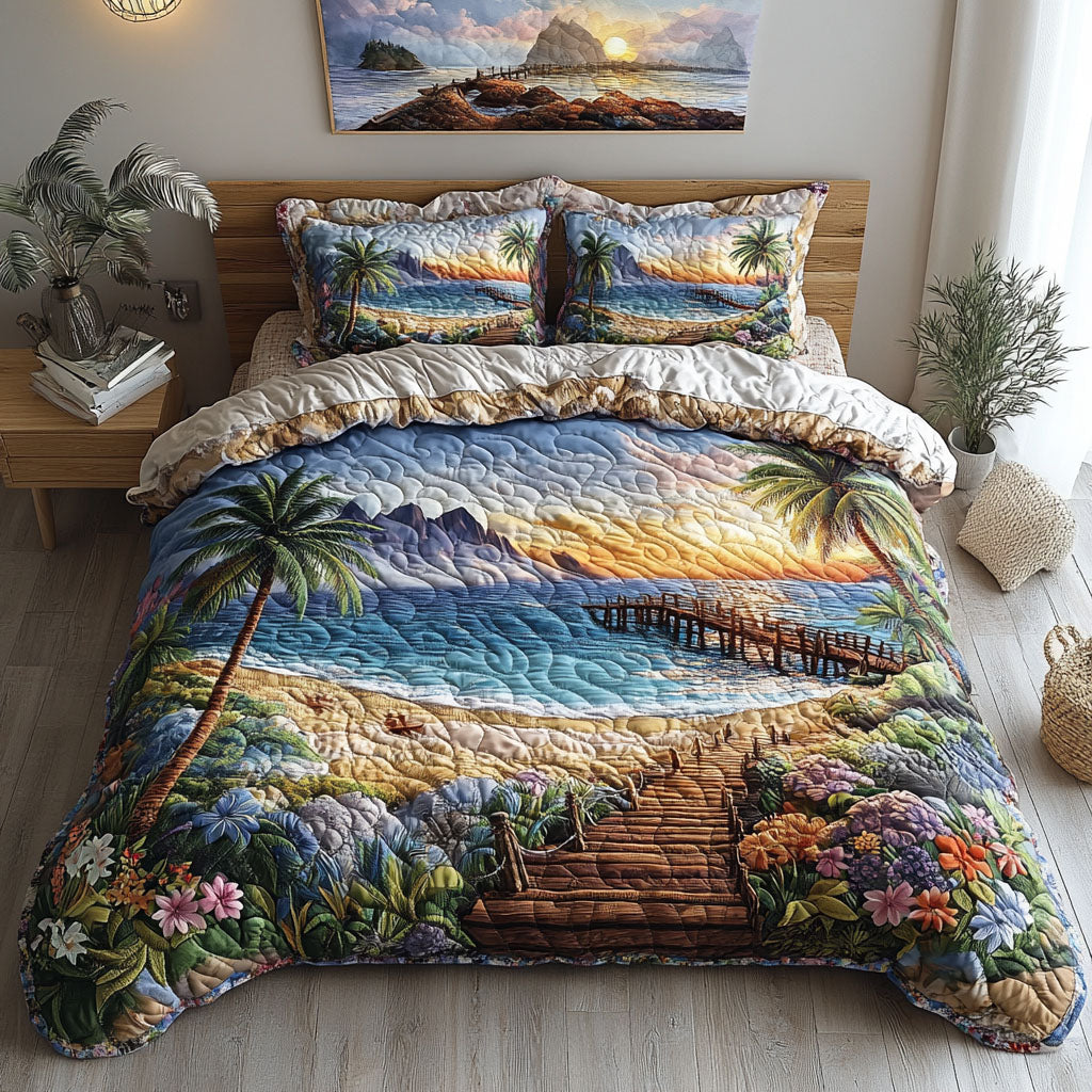 Coastal Sunset Calm Quilted Bedding Set Bed Room Decoration Best Fishing Themed Presents