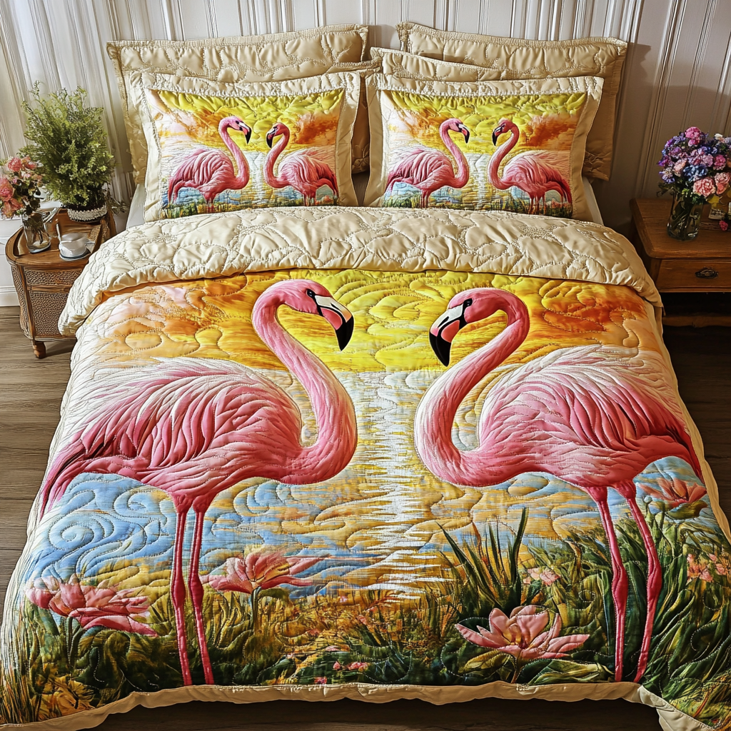 Coastal Sunset Quilted Bedding Set Cute Room Decor Birthday Gifts For Flamingo Lovers