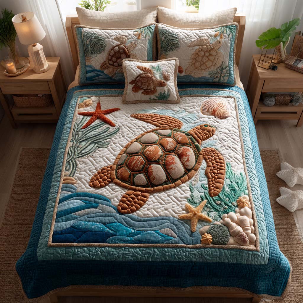 Coastal Turtle Bliss Quilted Bedding Set Aesthetic Room Decor Sea Turtle Merchandise