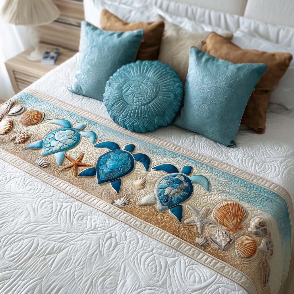 Coastal Turtle Charm Quilted Bed Runner Bed Room Decoration Sea Turtle Gifts For Her