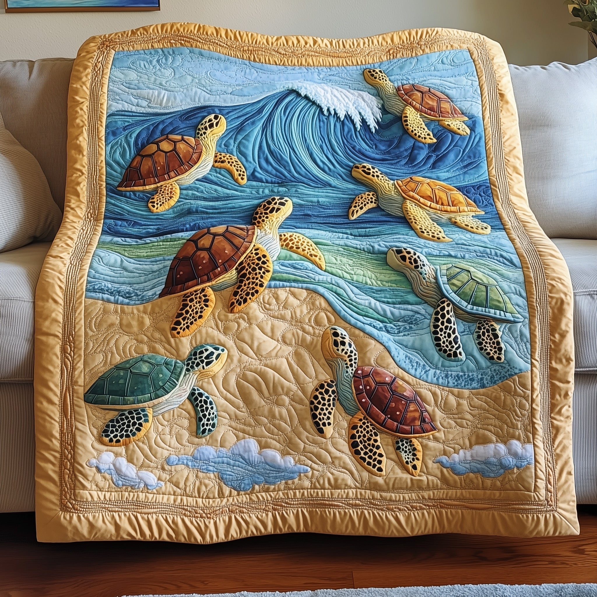 Coastal Turtle Haven Quilted Blanket Sofa Throw BlanketChristmas Gifts For Turtle Lovers