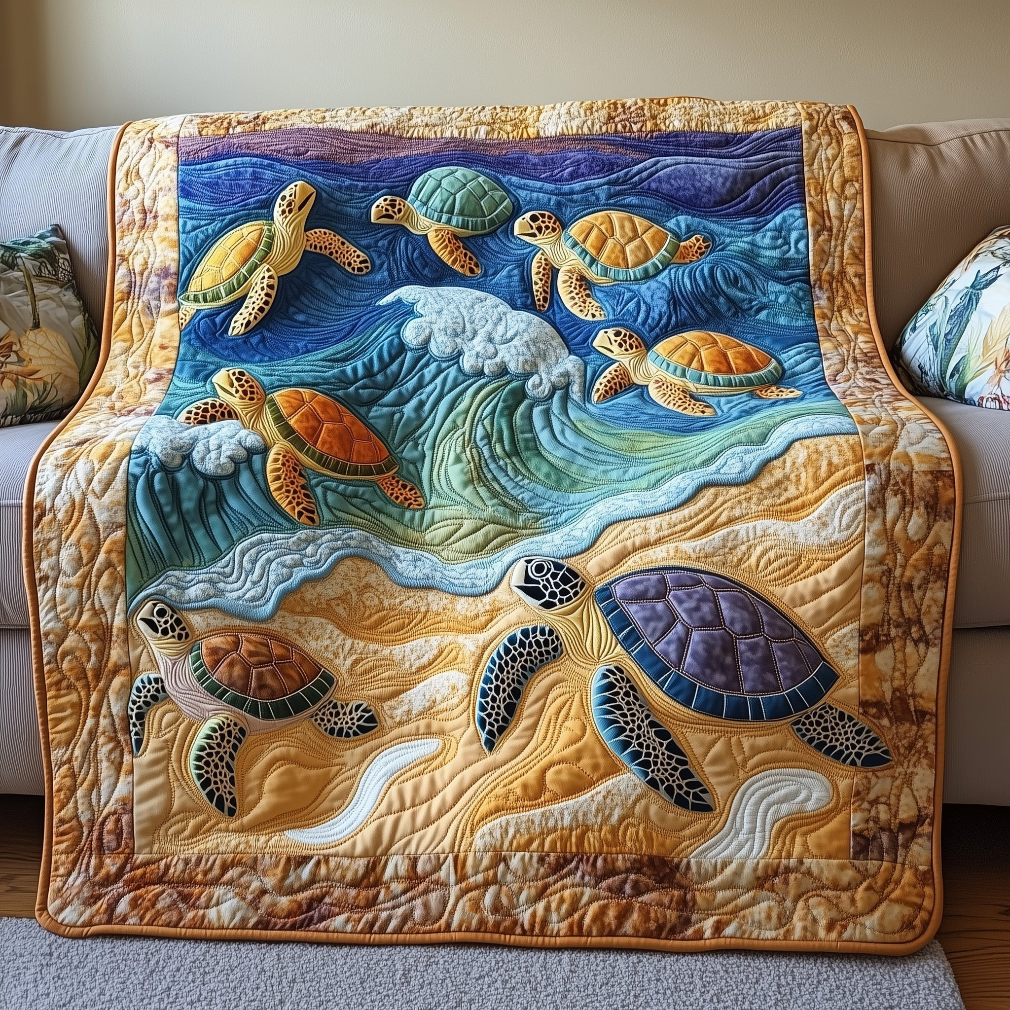Coastal Turtle Haven Quilted Blanket Summer Inspired Bedroom Gift For Mom