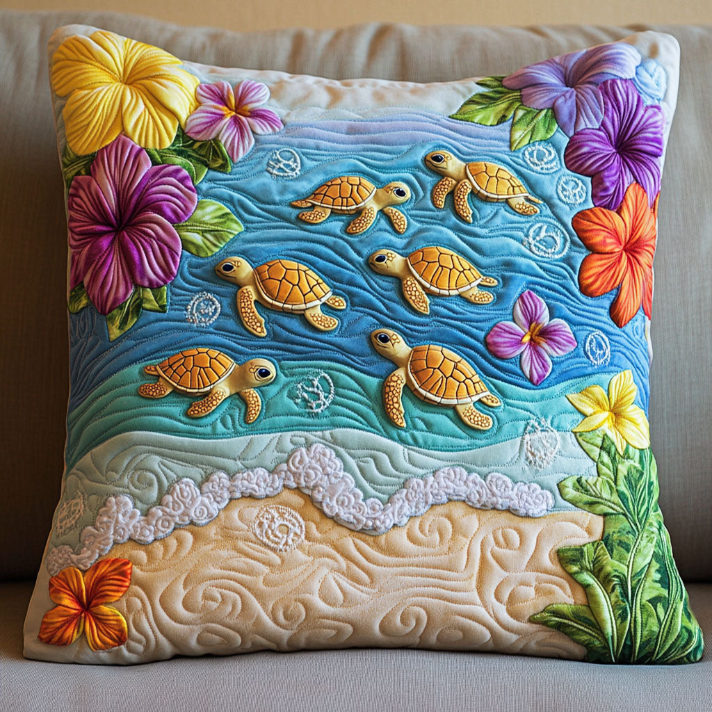 Coastal Turtle Parade Quilted Pillow Case Throw Pillow Covers Presents For Turtle Lovers