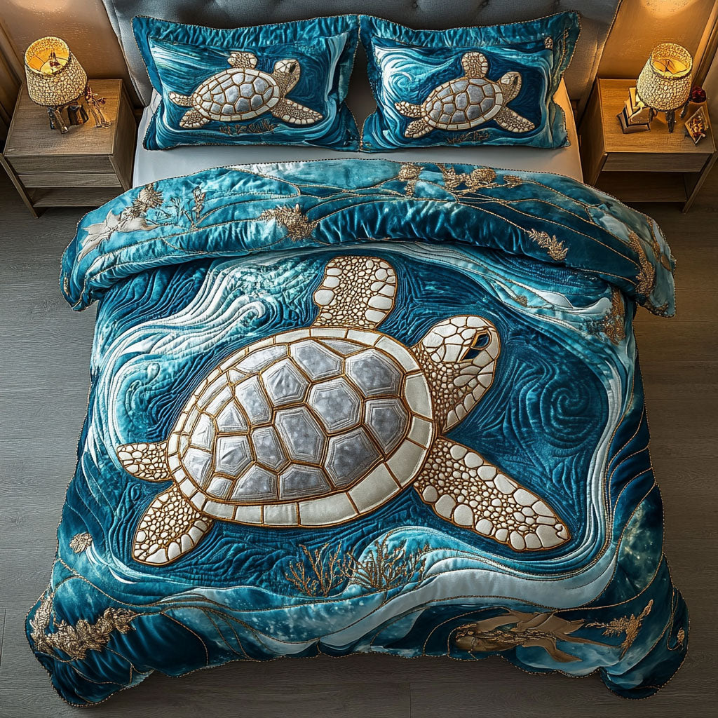 Coastal Turtle Stroll Quilted Bedding Set Bedspread Set Sea Turtle Gifts For Her