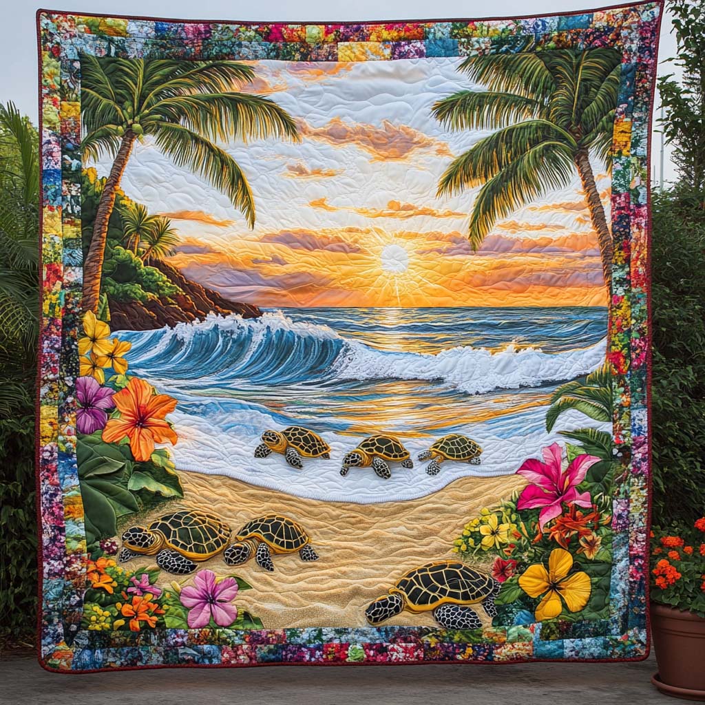 Coastal Turtle Stroll Quilted Blanket Cute Throw Blanket Christmas Presents For Sea Turtle Lovers