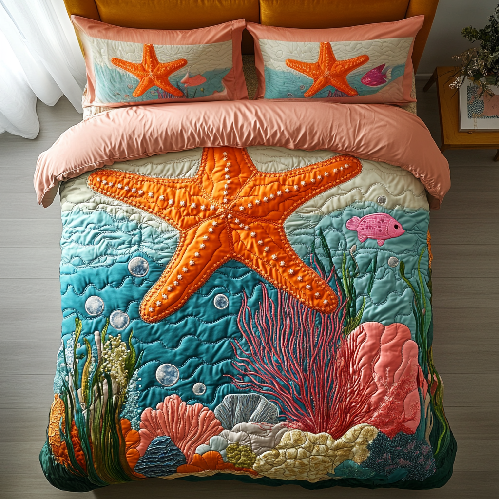 Coastal View Quilted Bedding Set Starfish Bed Sheet Set Christmas Gifts For Ocean Lovers