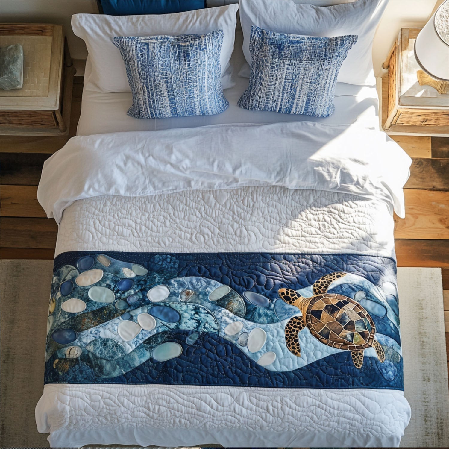 Coastal Wanderer Quilted Bed Runner Bed Decor Gifts For Sea Turtle Lovers