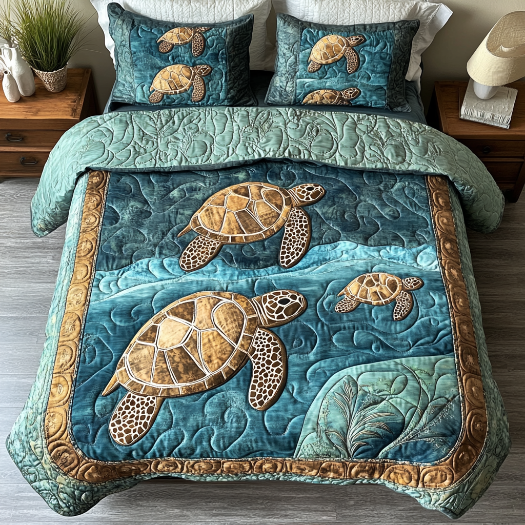 Coastal Wanderer Quilted Bedding Set Bedroom Decor Gifts For Sea Turtle Lovers