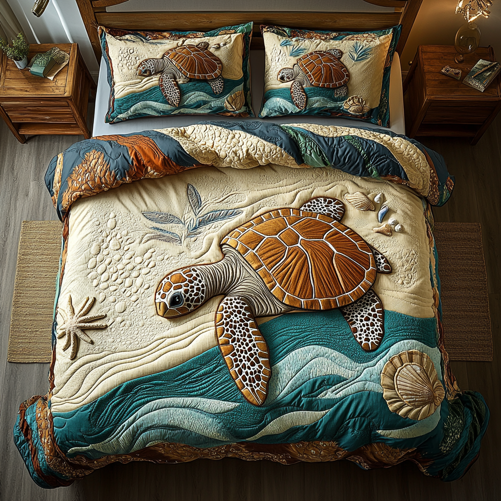 Coastal Wanderer Quilted Bedding Set Cute Room Decor Sea Turtle Merchandise