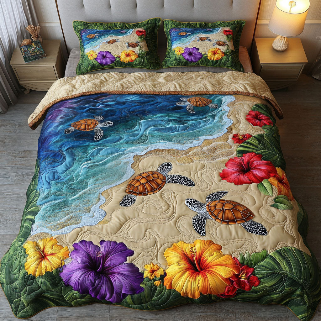 Coastal Wanderer Quilted Bedding Set Holiday Duvet Cover Set Gifts For Sea Turtle Lovers