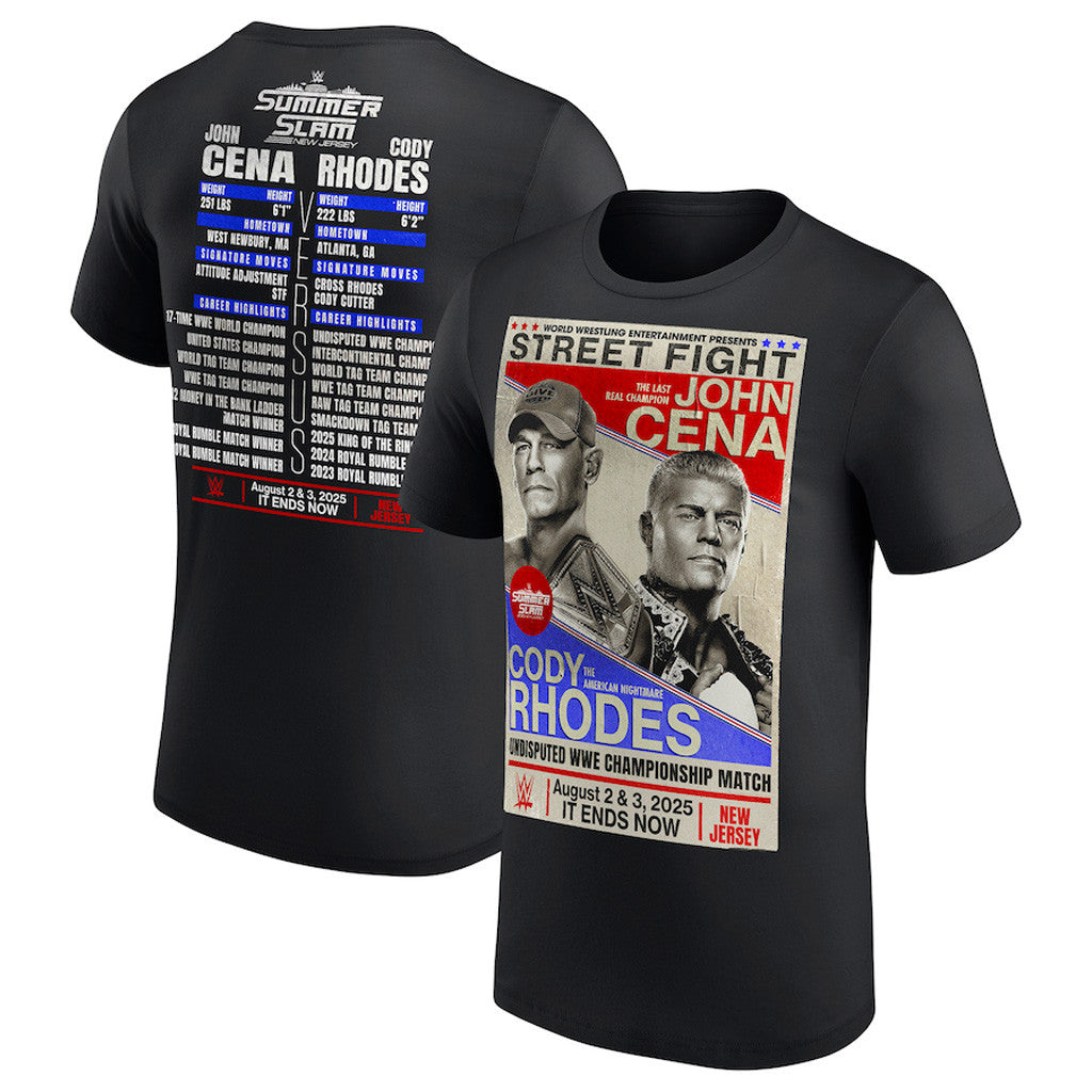 Cody Rhodes Merch Mens Cody Rhodes vs John Cena Black SummerSlam 2025 Match T-Shirt Cody Rhodes Merch Mens Cody Rhodes vs John Cena Black SummerSlam 2025 Match T-Shirt