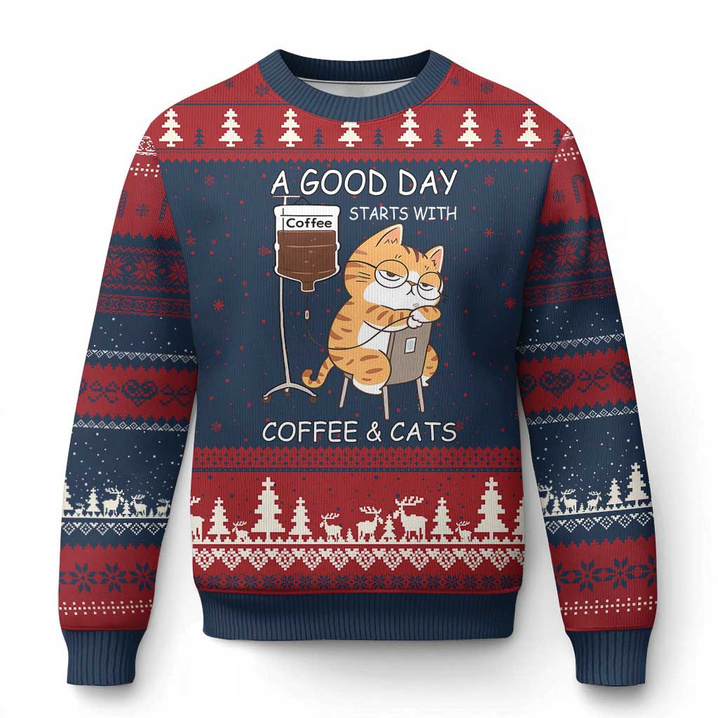 Coffee And Cats Ugly Christmas Sweater Funny Purrfect Morning Jumper Cat Lover Gifts