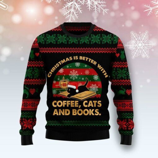 Coffee Cats And Books Ugly Christmas Sweater Cozy Xmas Holiday Jumper Gifts For Cat Lovers